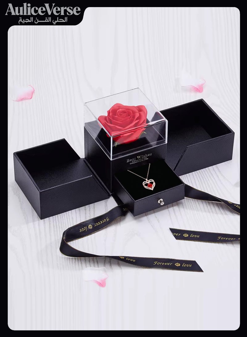 AuliceVerse Perfect Valentine‘s Gift – ”Eternal Love“ Red Rose & Heart Necklace Set | Copper with Red Zircon & Preserved Flower in Dual-Opening Box - Image 1